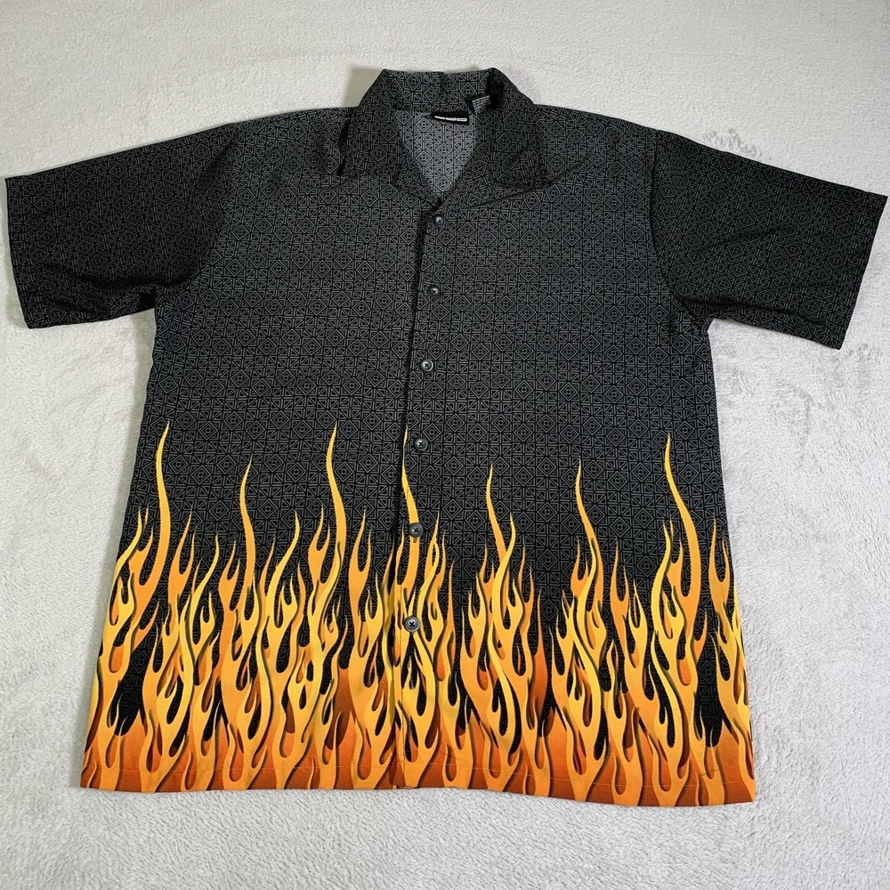 OBO Mens Large Flame Shirt Black Orange Button Up Rockabilly Bowling Y2K Vintage